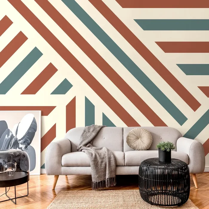 Geometric Wallpaper With Bold Stripes In Terracotta, Teal, And Cream – D733