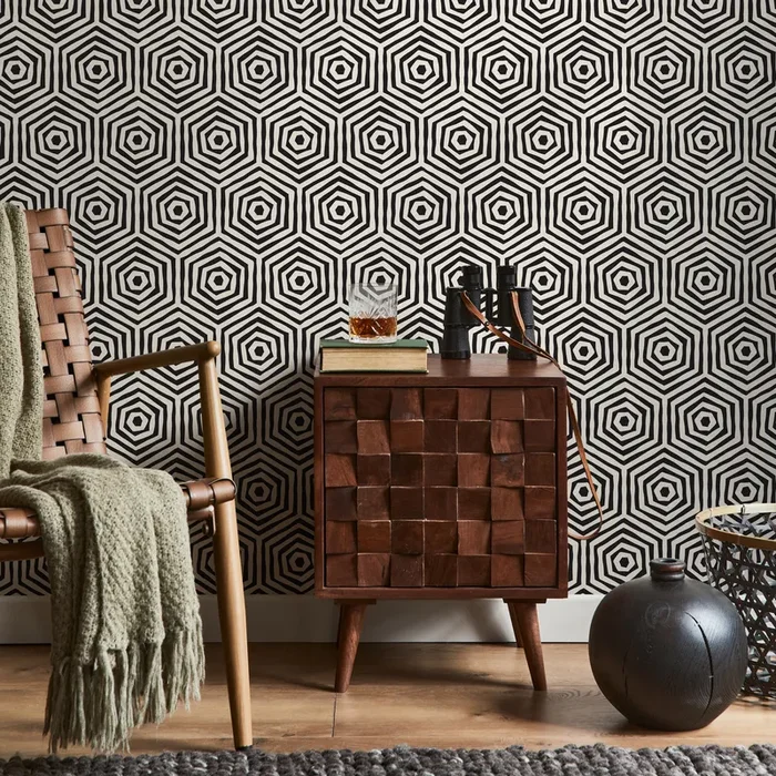 Geometric Wallpaper With Concentric Hexagons In Black And White – C312