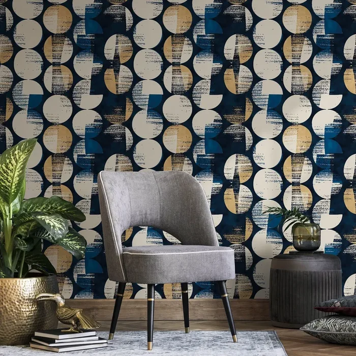 Geometric Wallpaper With Distressed Circle Motifs In Blue, Gold, And Beige – A807