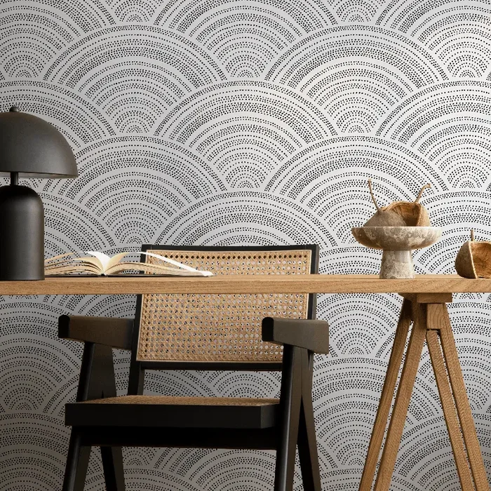 Geometric Wallpaper With Dotted Arches In Black And Grey – B960