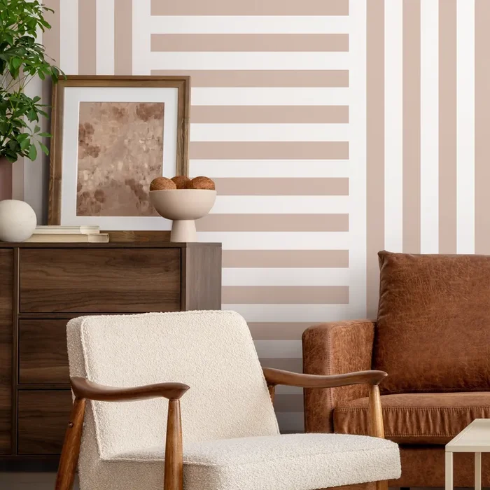 Geometric Wallpaper With Mixed Stripes In Beige And White – D737