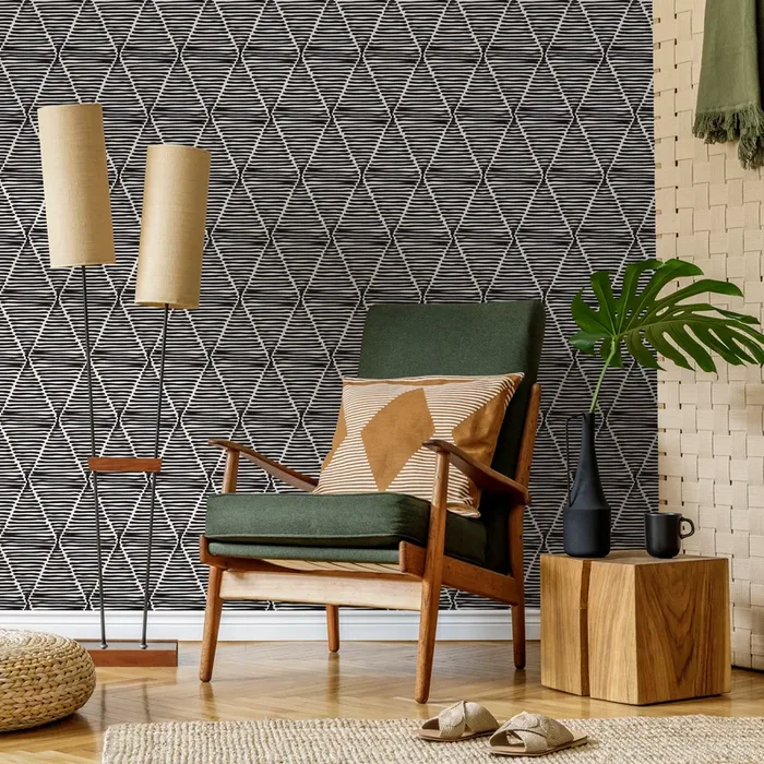 Geometric Wallpaper With Sketched Diamond Shapes In Black And White – C238