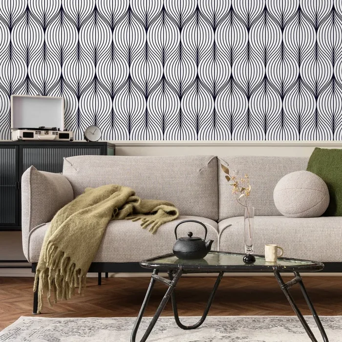Geometric Wallpaper With Wavy Art Deco Lines In Black – A725