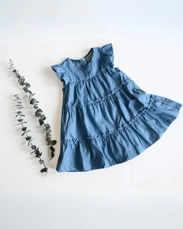 Georgie Tiered Flutter Sleeve Dress – Light Denim