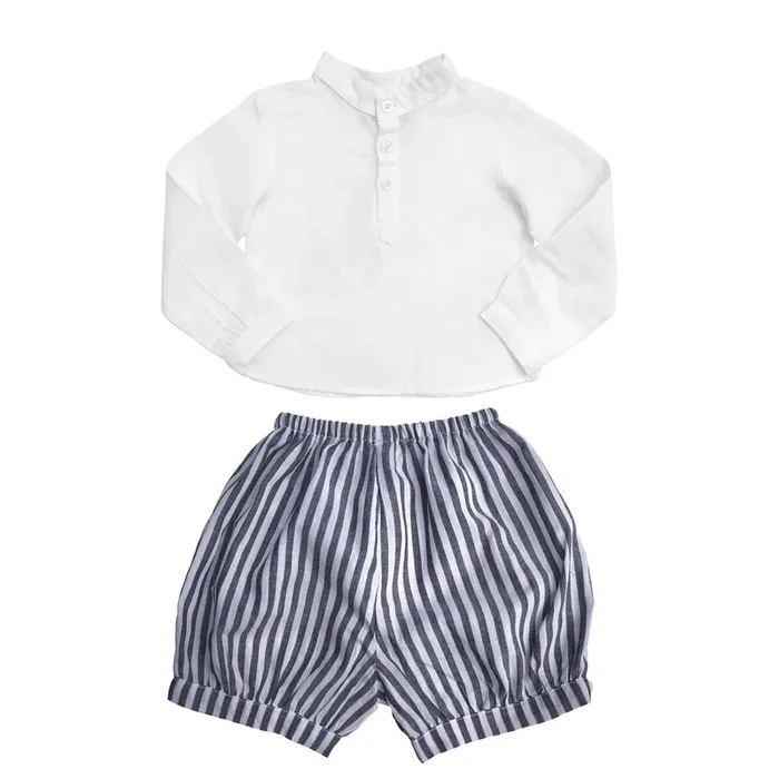 Gift Set | Boys White Shirt And Harbor Island Stripe Short