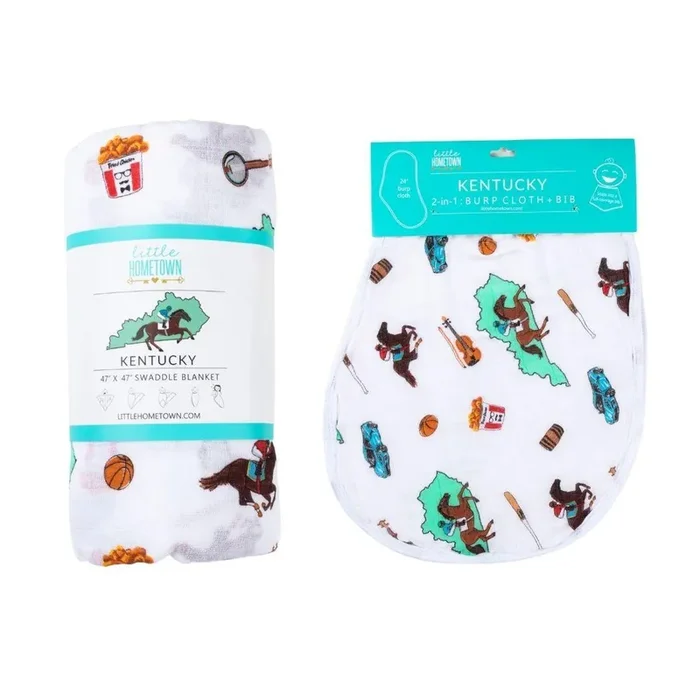 Gift Set: Kentucky Baby Muslin Swaddle Blanket And Burp Cloth/bib Combo