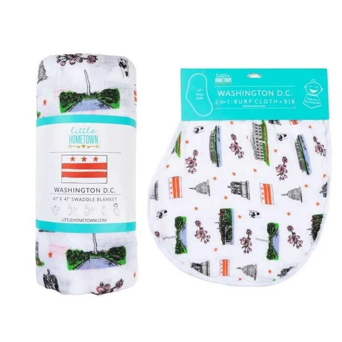 Gift Set: Washington D.c. Baby Muslin Swaddle Blanket And Burp Cloth/bib Combo