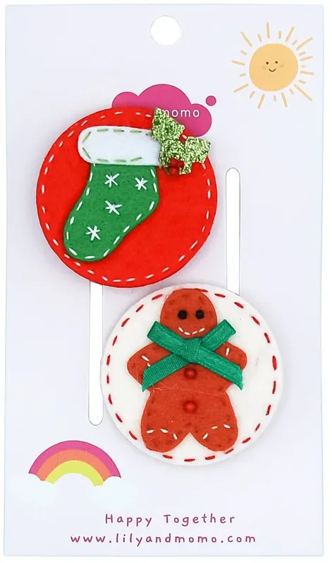 Gingerbread And Stocking Hair Clip- Red And Cream
