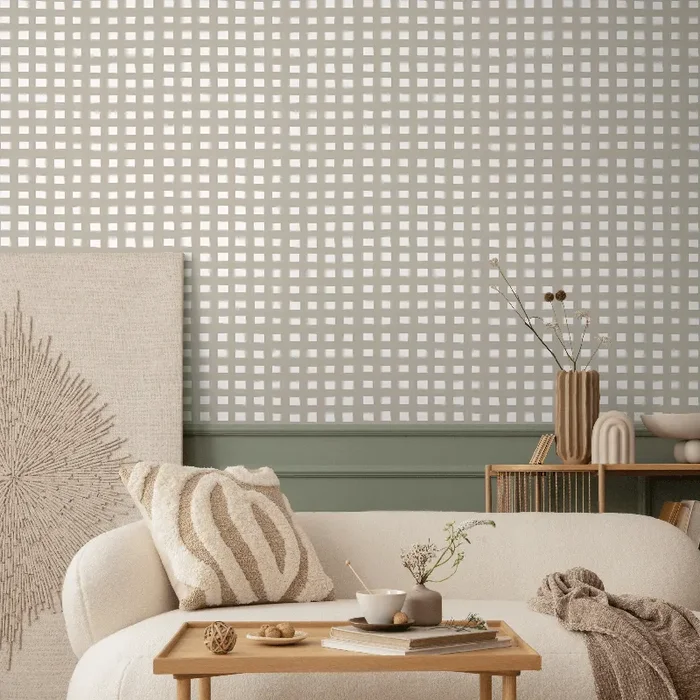 Gingham Wallpaper With A Painterly Grid In Beige – C952