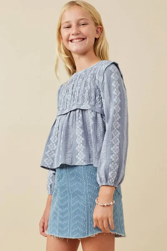 Girls Dusty Blue Smocked Long Sleeve Top