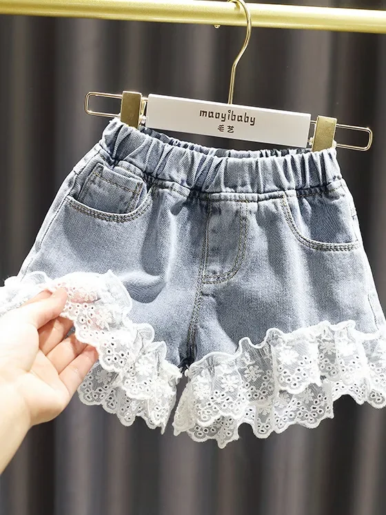 Girls Embroidered Lace Denim Shorts