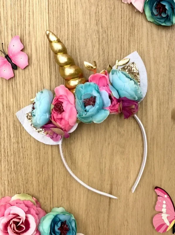 Girls Floral Gold Unicorn Headband