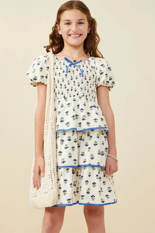 Girls Floral Tiered Smocked Dress