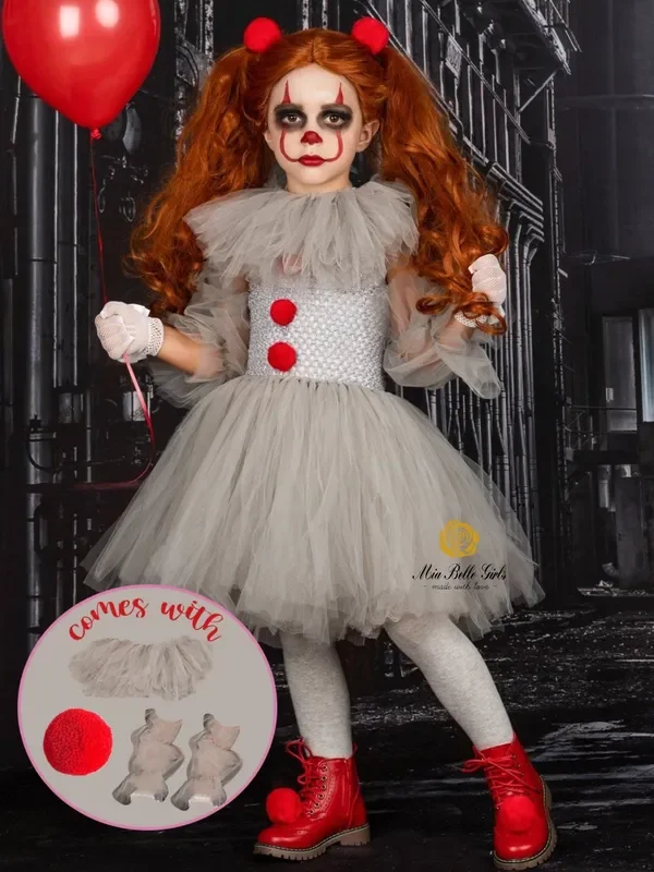 Girls Scary Clown Penny Tutu 4-Piece Costume Dress