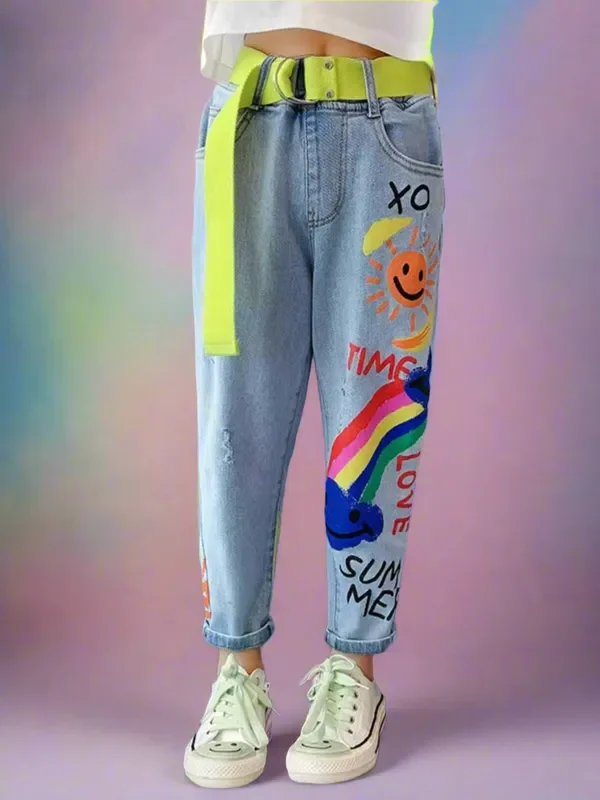 Girls Trendy Graffiti Smiley Rainbow Jeans