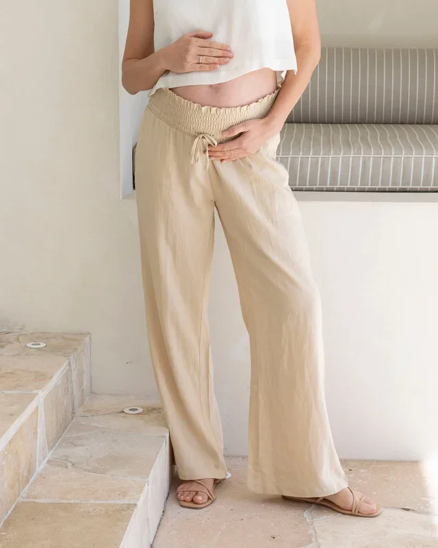 Giulia Maternity Linen Pants in Sand