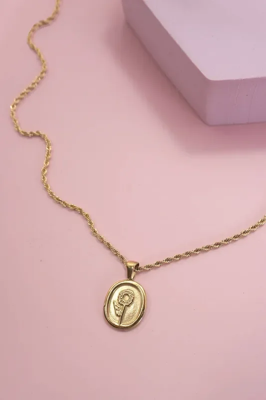 Gold Oval Rose Charm Necklace