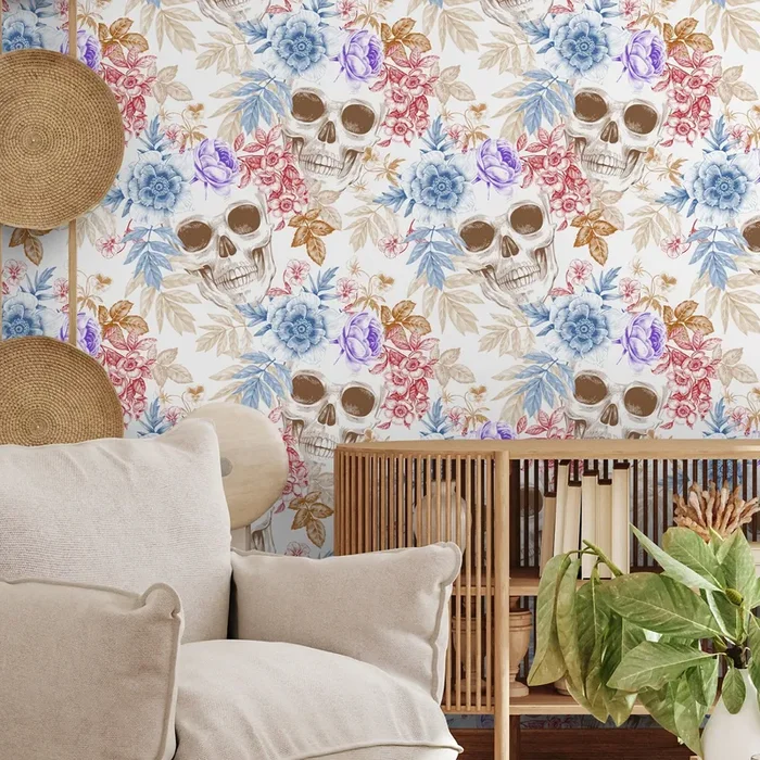 Gothic Wallpaper With A Floral Skull Motif In Blue, Red, And Purple – A364