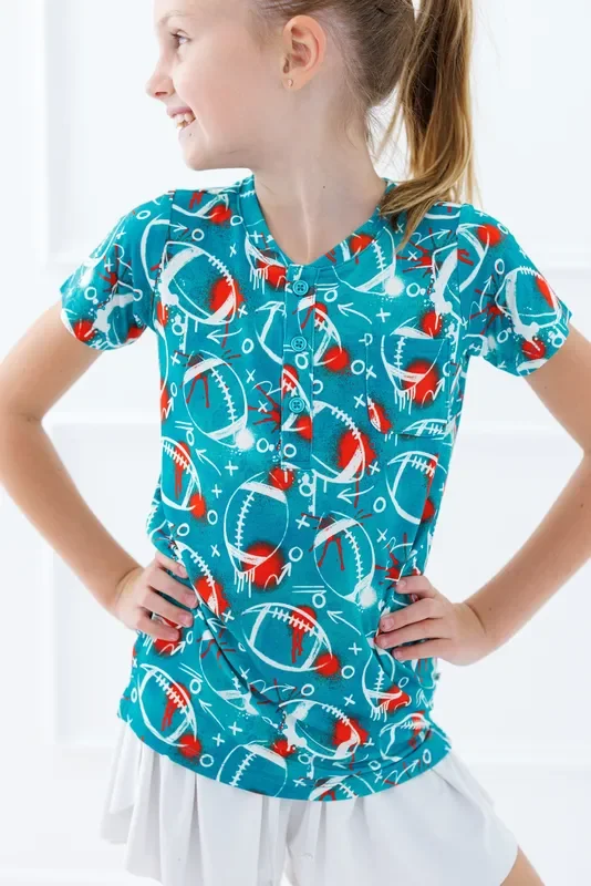 Graffiti Football Henley T-shirt : Aqua And Orange
