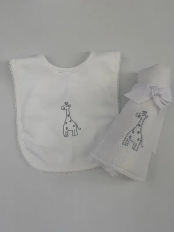 Gray Giraffe Pima Bib And Diaper Burp Cloth Set
