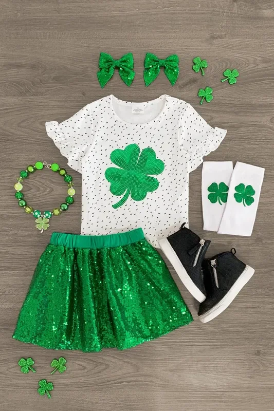 Green Sequin Shamrock Skirt Set