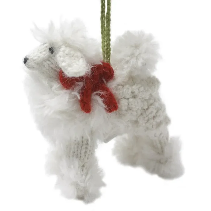 Hand Knit Alpaca Wool Christmas Ornament – White Poodle Dog