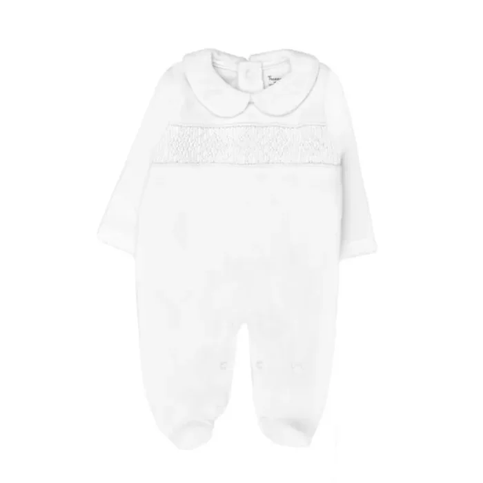 Hand Smocked Pima Playsuit, White