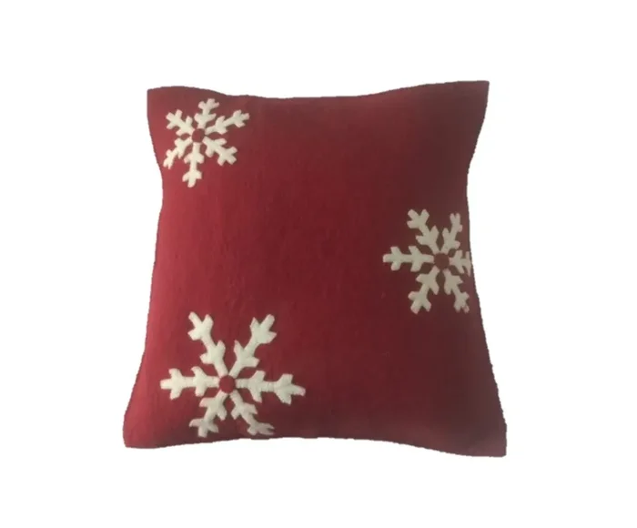 Handmade Christmas Pillow Hand Felted Wool – Cream Snowflakes Red – 20 “