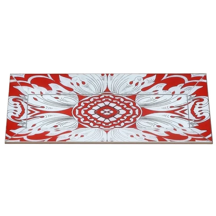 Handmade Reverse Painted Mirror Tray Beveled Edge Tomato Red – Small
