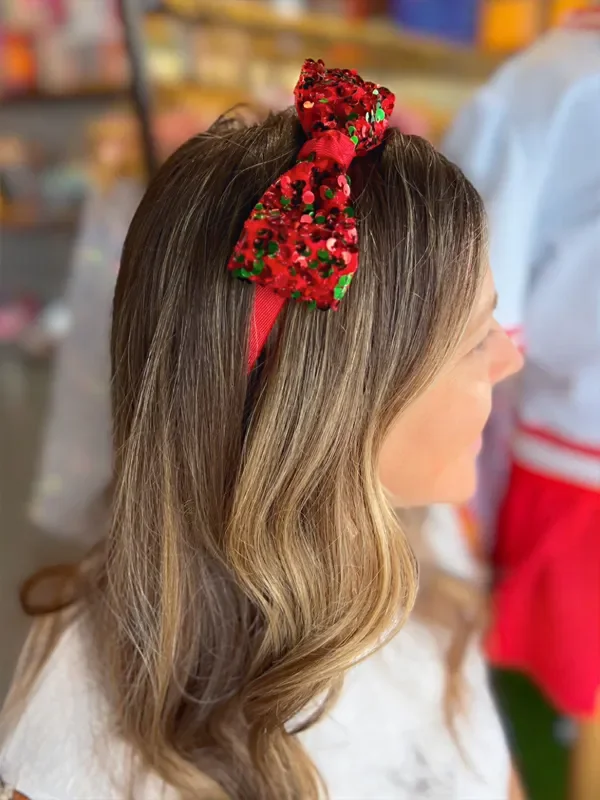 Headband Overlay Bow | Red + Green Sequins