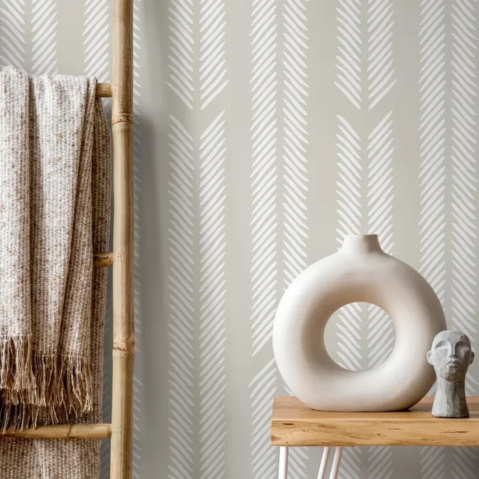 Herringbone Wallpaper With A Brushed Stripe Motif In Greige And White – D800