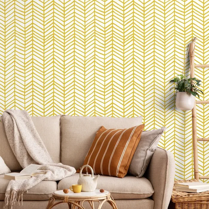 Herringbone Wallpaper With A Hand-drawn Motif In Yellow – A052