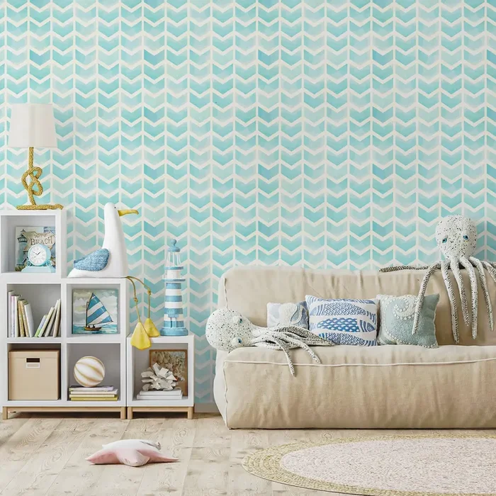 Herringbone Wallpaper With A Watercolor Chevron Motif In Blue And Cream – A297