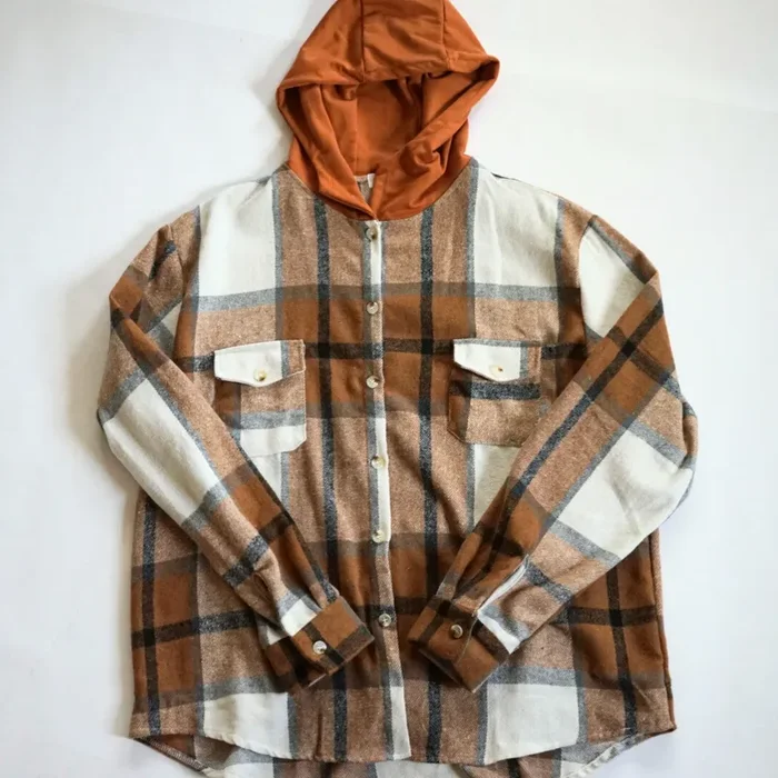 Hooded Brown & Gray Flannel Jacket- Women’s
