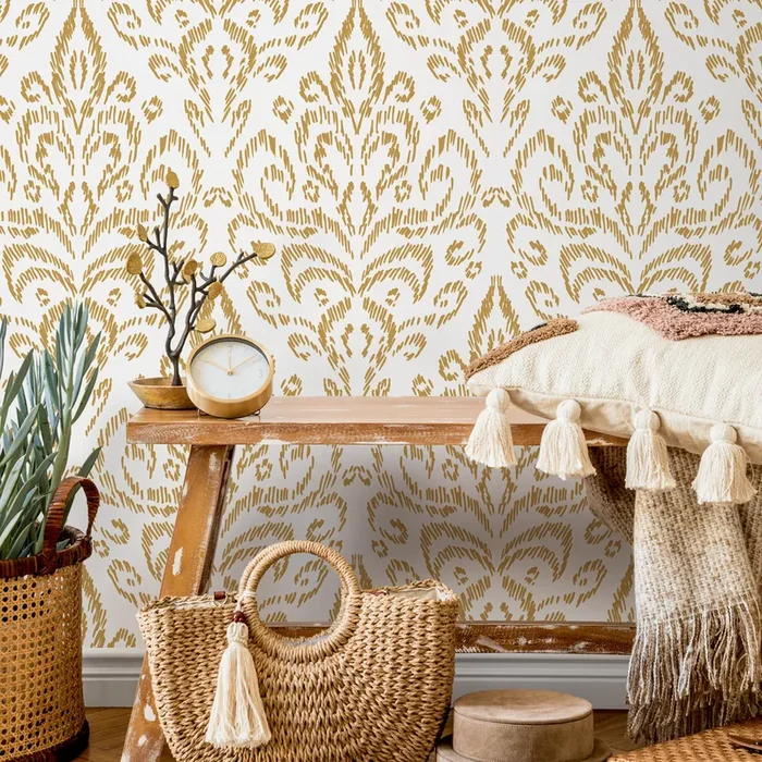Ikat Wallpaper With A Bohemian Damask Motif In Yellow – D358