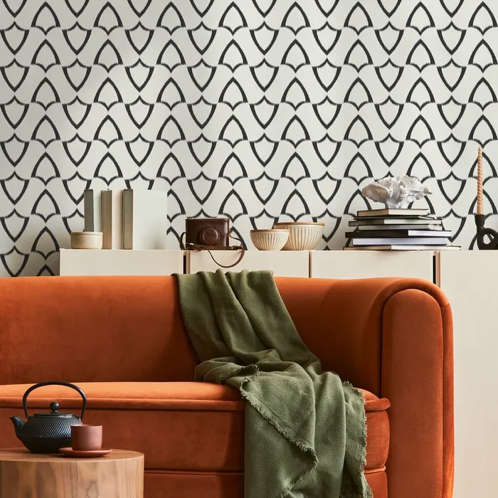 Ikat Wallpaper With A Rhythmic Scalloped Motif In Black And White – C737
