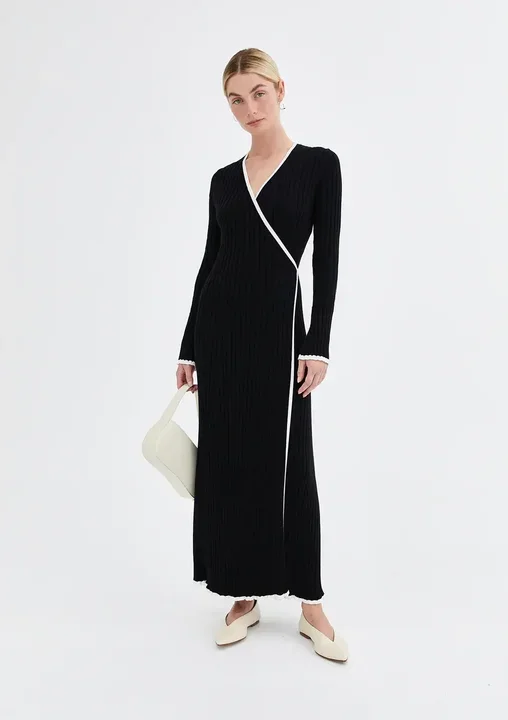 Isla Wrap Dress – Black with cream trim