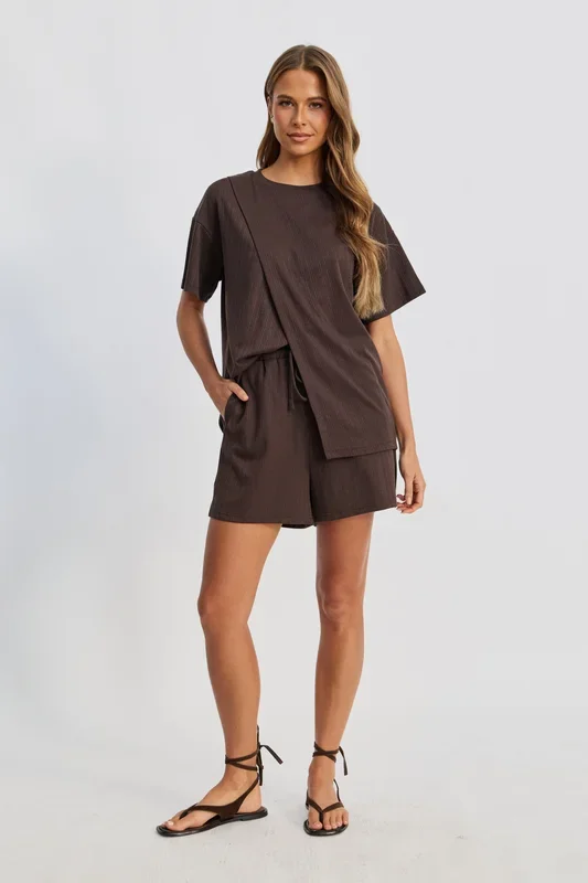 Ivy Waffle Longline Wrap Tee – Chocolate