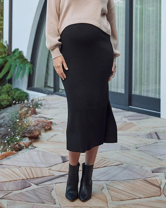 Jade Knitted Maternity Maxi Skirt with Side Split in Black