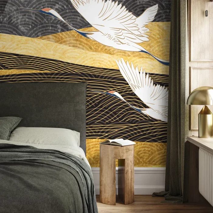 Japanese Wallpaper With Flying Cranes In Black, Gold, And White – B758