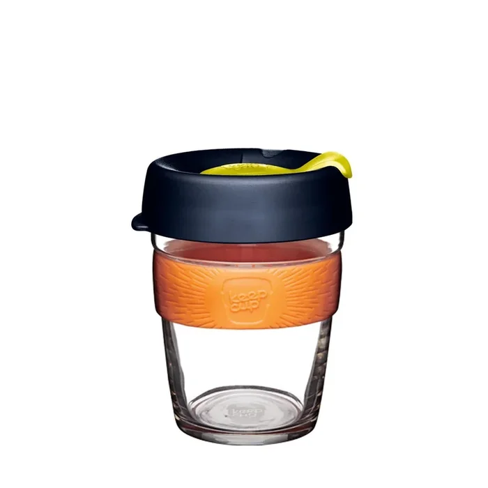 KeepCup Reusable Coffee Cup – Brew Glass & Silicone – Medium 12oz Black/Orange (Banksia)