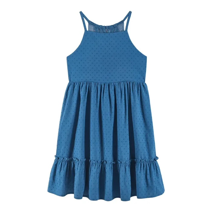Kids (7-14) Blue Swiss Dot Dress W/ Lace Back Detail | Blue