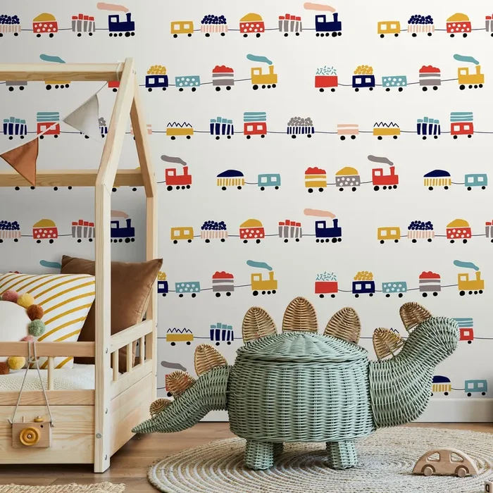 Kids Wallpaper With A Colorful Train Motif In Red, Yellow, And Blue – A328