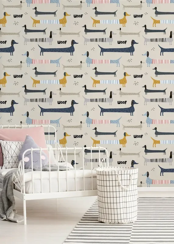 Kids Wallpaper With A Whimsical Dachshund Motif In Blue, Yellow, And Grey – D101
