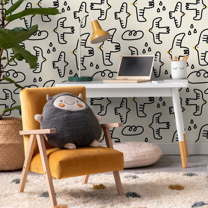 Kids Wallpaper With Hand-drawn Birds And Clouds In Black And Yellow – C705