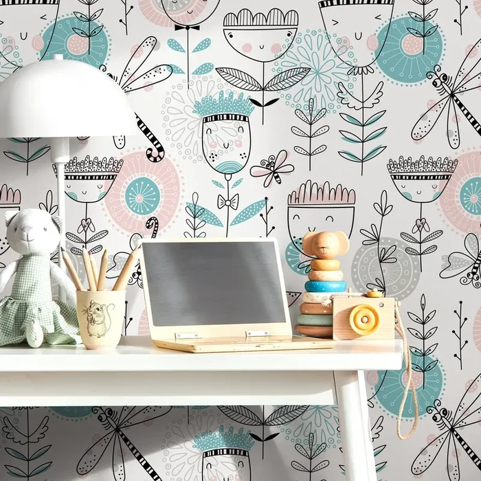 Kids Wallpaper With Whimsical Flowers And Dragonflies In Pink, Teal, And Black – B815