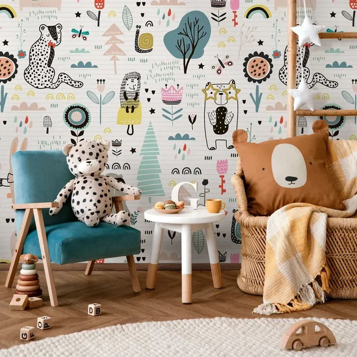 Kids Wallpaper With Whimsical Woodland Animals In Teal, Pink, And Yellow – B331