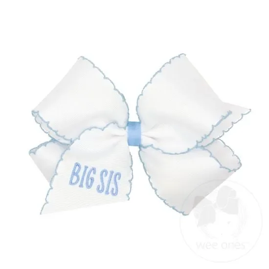 King Grosgrain Hair Bow with Millennium Blue Moonstitch Edge and “BIG SIS ” Embroidery