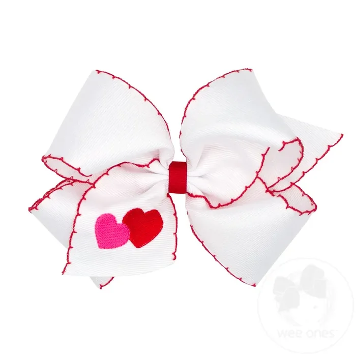 King Valentine Heart Embroidered Grosgrain Hair Bow with Moonstitch Edge (white)
