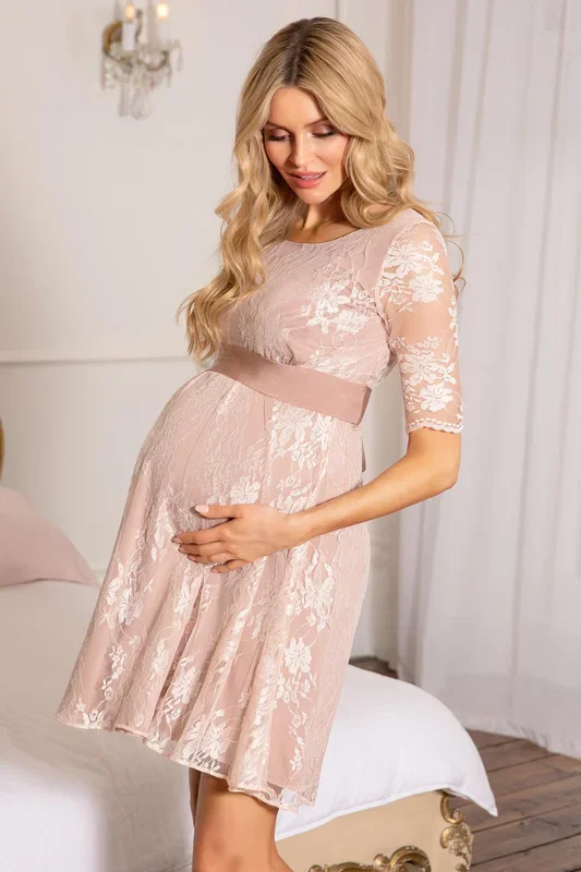 Lace maternity and nursing dress with integrated sash, pink